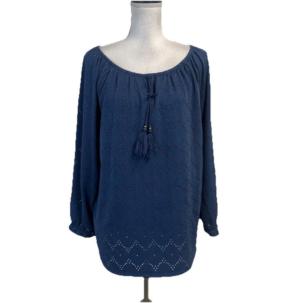 Rafaella Blouse Top Women's Size XL Teal Blue Floral Eyelet Tassel Boho Peasant